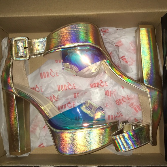 ROUGE Shiny Iridescent Ankle Strap Platform Heels - Picture 5 of 8